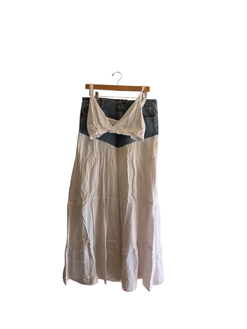 Boho Maxi Dress with Denim Waistband - White